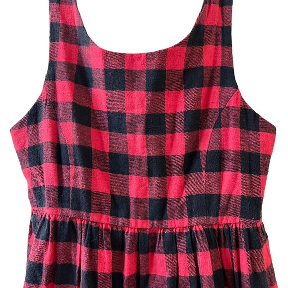 Red Black Buffalo Plaid Sleeveless Midi Dress FADS Cotton 4P Jumper Sundress - Picture 3 of 14